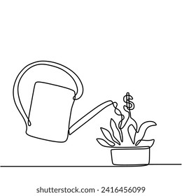 Growing money continuous one line drawing. Watering plant with dollar harvest.