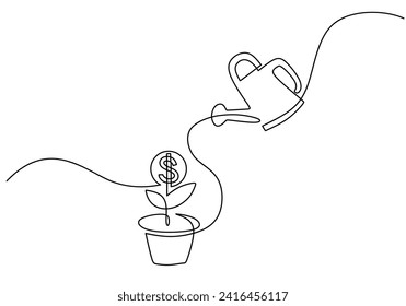 Growing money continuous one line drawing. Watering plant with dollar harvest.