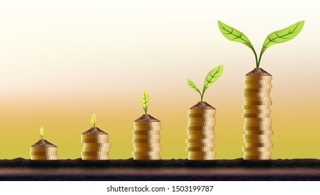 Growing Money, Increasing Plant On Coins. Business Investment Concept. EPS10 Vector