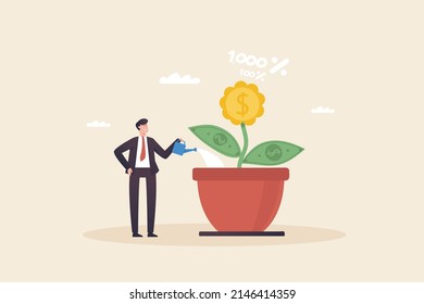 Growing Money. Investment growth. Profits from the stock market. Career growth.  Businessman watering  Investment  plants.