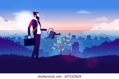 Growing money - modern business man watering a money bush, plant growing on hill with cityscape in background. Money Growth concept. Vector illustration.