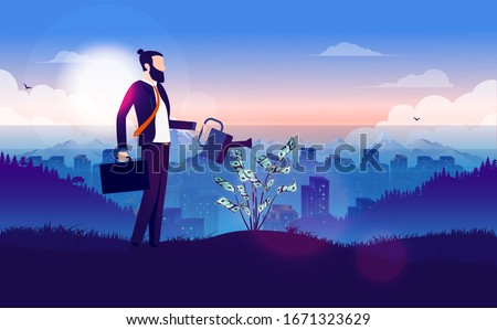 Growing money - modern business man watering a money bush, plant growing on hill with cityscape in background. Money Growth concept. Vector illustration.