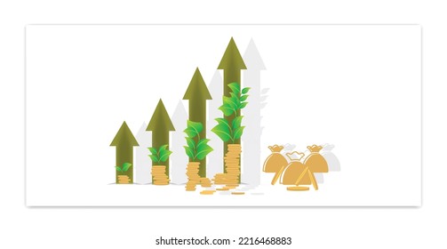 Growing Money As Plant On Coins With Arrows In Up Trend. Up Arrows Indicate The Growth. Conceptual Vector Illustration Of Grow Money On Plants With Savings And Investment Concept Banner Template.