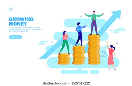 growing money with the team, growth flat vector illustration