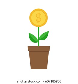 Growing money tree big coin with dollar sign Plant in the pot. Financial growth concept. Successful business icon. Flat design. White background. Isolated. Vector illustration