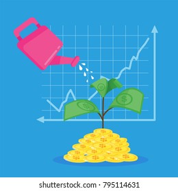 Growing money tree with graph flat vector graphic background about investment