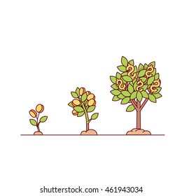 Growing money tree. Green cash and coins sprouts rising from good fertilised soil. Modern flat style thin line vector illustration isolated on white background.