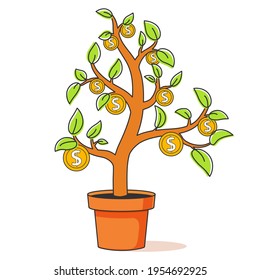 Crecimiento de la línea de árbol de dinero arte.Concepto de crecimiento financiero.Árbol en maceta de flores.Planta con monedas de oro.Aislada en fondo blanco.Ilustración plana vectorial.