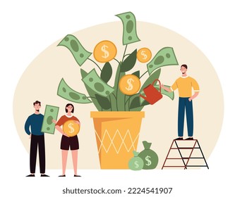 Growing money tree. Men and woman with money near plant. Metaphor of financial literacy and passive income. Successful entrepreneurs and investors, partners. Cartoon flat vector illustration