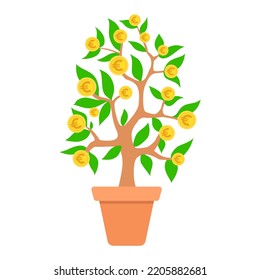 Growing money tree in a pot in the form of euro coins. Vector illustration. The concept of prosperity, passive income, financial abundance and wealth, Growing an income generating business