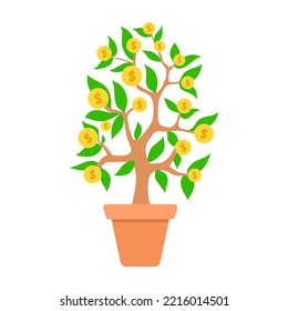 Growing money tree in a pot in the form of coins with dollars. Vector illustration. The concept of prosperity, passive income, financial abundance and wealth, Growing an income generating business