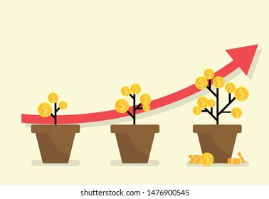 Growing money tree and red arrow line. Business and investment concepts. Vector illustration in flat design.