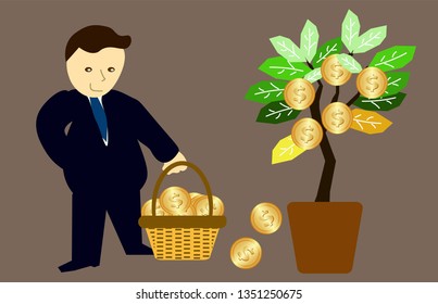 Growing money tree vector illustration. Businessman harvesting money tree