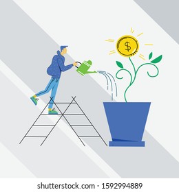 Growing money tree vector illustration. Businessman hand watering money tree