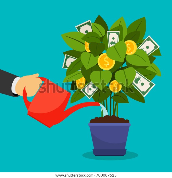 Growing money tree vector illustration. Businessman\
hand watering money\
tree
