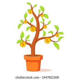 Árbol de dinero en crecimiento.Concepto de crecimiento financiero.Árbol en maceta de flores.Planta con monedas de oro.Dividendos en efectivo.Crecimiento de beneficios.Aislado sobre fondo blanco.Ilustración plana vectorial.