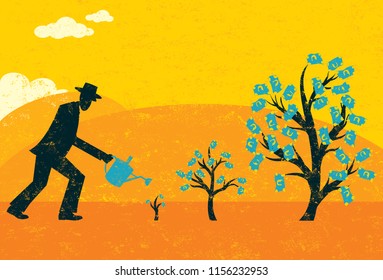 Growing Money Trees. A businessman watering money trees over an abstract landscape background. 