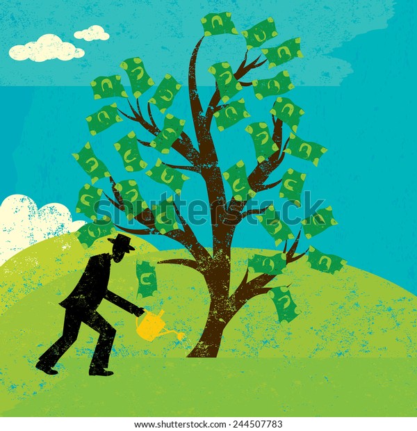 Growing Money Trees A businessman\
watering money trees over an abstract landscape background. The man\
and trees are on a separate layer from the\
background.