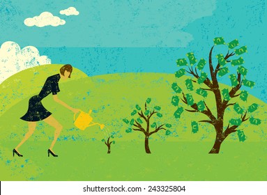 Growing Money Trees A businesswoman watering money trees over an abstract landscape background. The woman and trees are on a separate layer from the background.