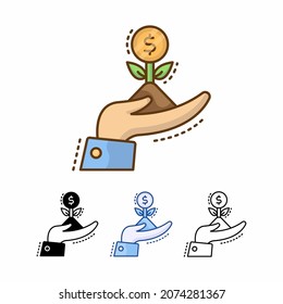 icono del vector de crecimiento de dinero aislado en fondo blanco. con planta y dinero. línea rellena, contorno, sólido, azul, icono. Los signos y símbolos se pueden utilizar para web, logotipo, aplicación móvil, interfaz de usuario, UX