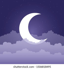 The growing moon above the clouds in the night sky