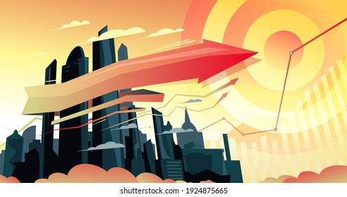 Growing morning metropolis vector illustration with ribbon arrow and target, economic development design concept with charts. Futuristic urban architecture.