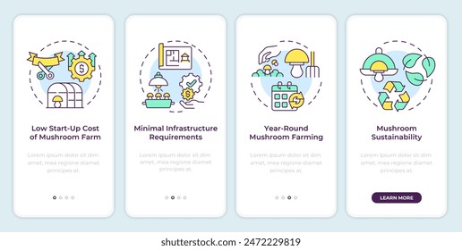 Growing mushrooms benefits onboarding mobile app screen. Walkthrough 4 steps editable graphic instructions with linear concepts. UI, UX, GUI template