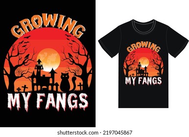 growing my fangs. t-shirt design Halloween day logo greeting with haunted house on a full moon night vector background