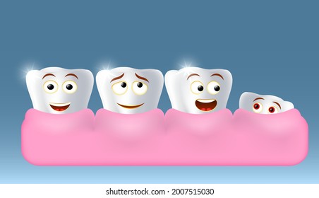 Growing up new tooth character looking at smiling white teeth, vector illustration. Children dentistry, dental health, oral hygiene.