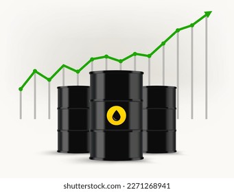 Growing oil price concept. Black barrels and chart. 3d vector