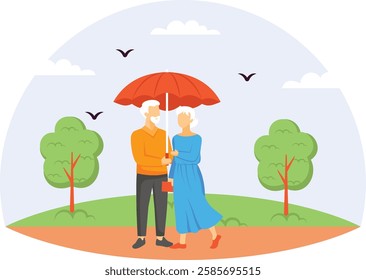 Growing Old Together concept, Aged Couple Standing at public park Under the Umbrella vector design, Love romance affection banner, Valentines Day Scene, human relationship stock illustration