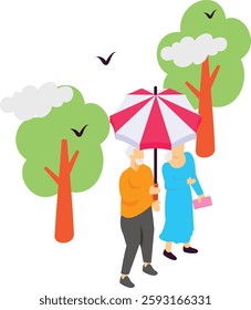 Growing Old Together isometric concept, Aged Couple Standing at public park Under the Umbrella vector design, Love romance affection banner, Valentines Day Scene, human relationship illustration