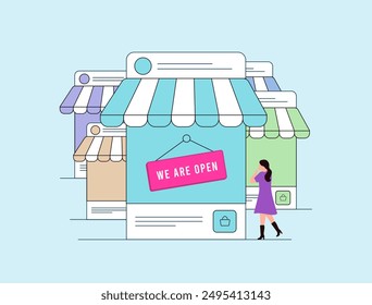 Growing and opening online shops in social media. Favorite brands with products open online shops on social networks. Social selling digital marketing strategy for business. Vector illustration