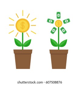 Growing paper money tree shining coin with dollar sign set. Plant in the pot. Financial growth concept. Successful business icon. Flat design. White background. Isolated. Vector illustration