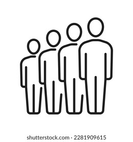 Growing people figures, cooperation and working team outline icon. Vector human standing in row, employers and leader, people development