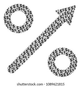 Growing percent collage of dollars and round spots. Vector money symbols are combined into growing percent shape.