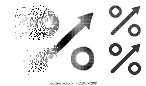 Growing percent icon in fractured, dotted halftone and whole variants. Pieces are arranged into vector dissolving growing percent icon. Disappearing effect involves rectangular dots.