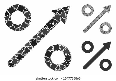 Growing percent mosaic of ragged elements in various sizes and color tints, based on growing percent icon. Vector raggy elements are organized into mosaic.