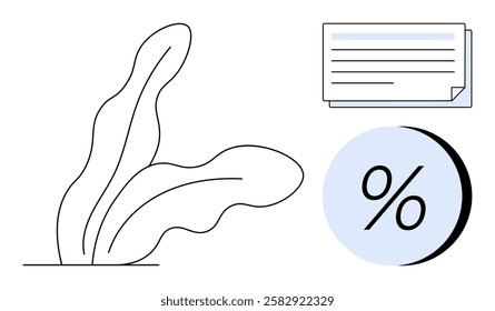 Growing plant alongside a financial document and a percentage symbol. Ideal for finance, investment, growth, savings, loans, business, education. Line metaphor