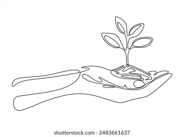 Growing plant continuous one line drawing. Landing page template of hand holding plants. Sprout grow symbol of environment protection.