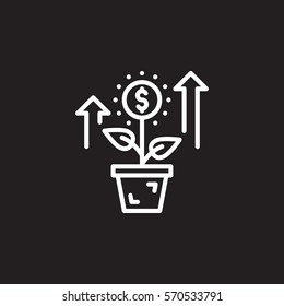 Growing plant, flower with dollar sign line icon, outline vector sign, linear white pictogram isolated on black. Investment symbol, logo illustration