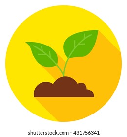Growing Plant with Ground Circle Icon. Flat Design Vector Illustration with Long Shadow. Nature Gardening Symbol.