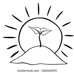 Growing plant from ground with sun icon. Outline vector illustration isolated on white background.