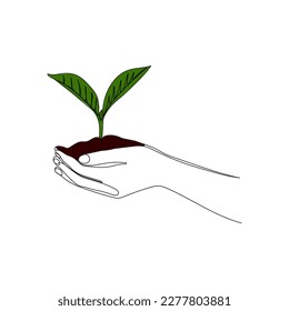 Growing plant in hand palms. Hands holding a sprout. One line art. Nature, ecology concept. Environment Earth Day.