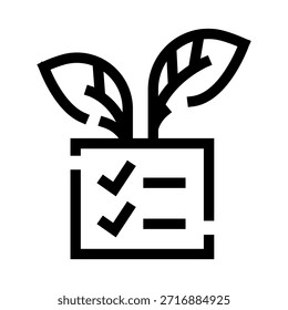Planta en crecimiento con hojas que emergen de un icono de documento con una lista de verificación con dos marcas de verificación y dos líneas en blanco, que representan el concepto de planificación del desarrollo y el logro de objetivos