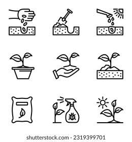 growing plant line icons set. eco, outline, drop, tool, growth, growing, ecology, soil, temperature, root, spade, gardening, pot, seedling, farming, pesticide