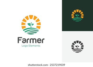 Planta em crescimento Moderna Agricultura Design de ícone de logotipo com campo verde e conceito gráfico de luz solar para fazenda, logotipo de vetor agronômico