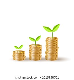 Growing plant on row of coin money for finance and banking concept