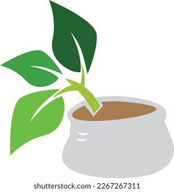 Growing plant on a sack with soil or compost. editable Clip Art. 