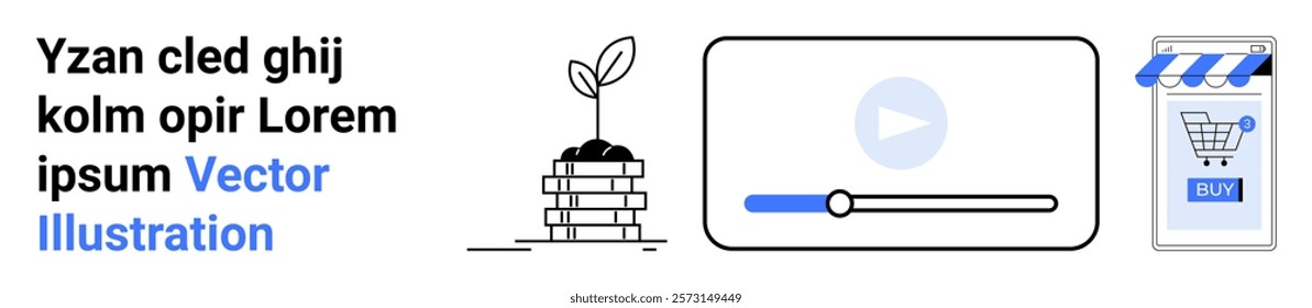 Growing plant on stacked layers, video player with play button, and online shopping cart on mobile. Ideal for growth concepts, video content, e-commerce, online shopping, digital platforms. Banner